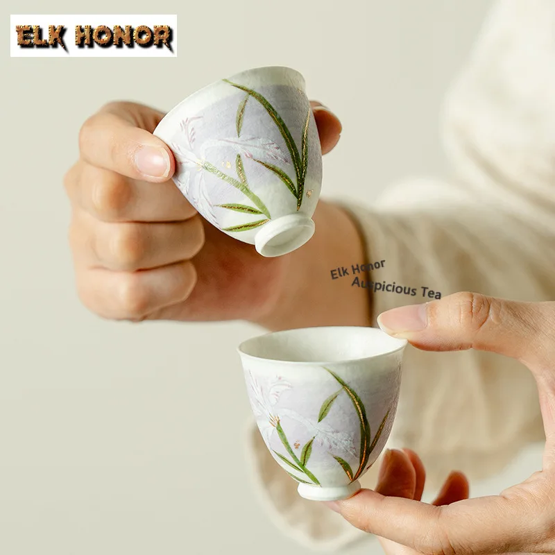 50ml Hand-painted Iris Flower Yuli Teacup Creative Tea Bowl Single Cups Tea-tasting Fragrance Cup Chazhan Master Cups Tea Gift