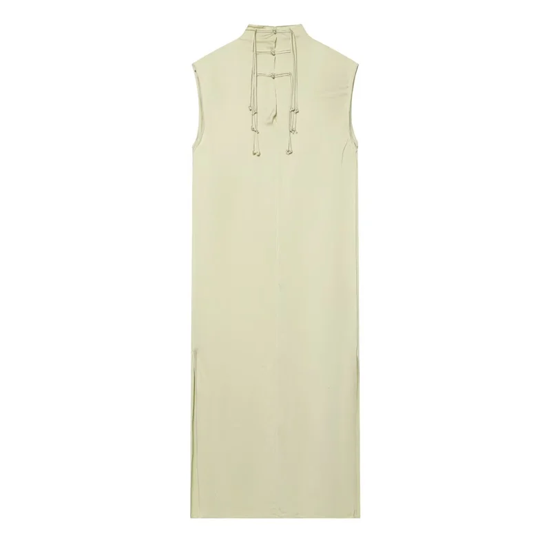 Nouvelle Robe d'Été 2026 pour Femme, Vert Clair, Sans Manches, avec Détail Bouton Nœud et Texture Satinée, Élégante et Gracieuse