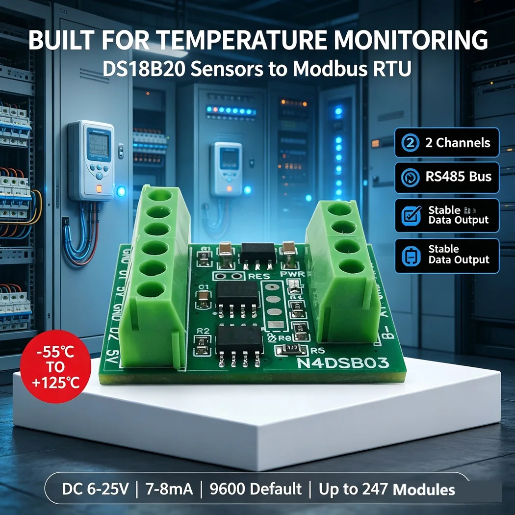 2PCS Modbus RTU RS485 Temperature Acquisition Module 2CH DS18B20 DC6-25V Support Up to 247 Cascaded Modules