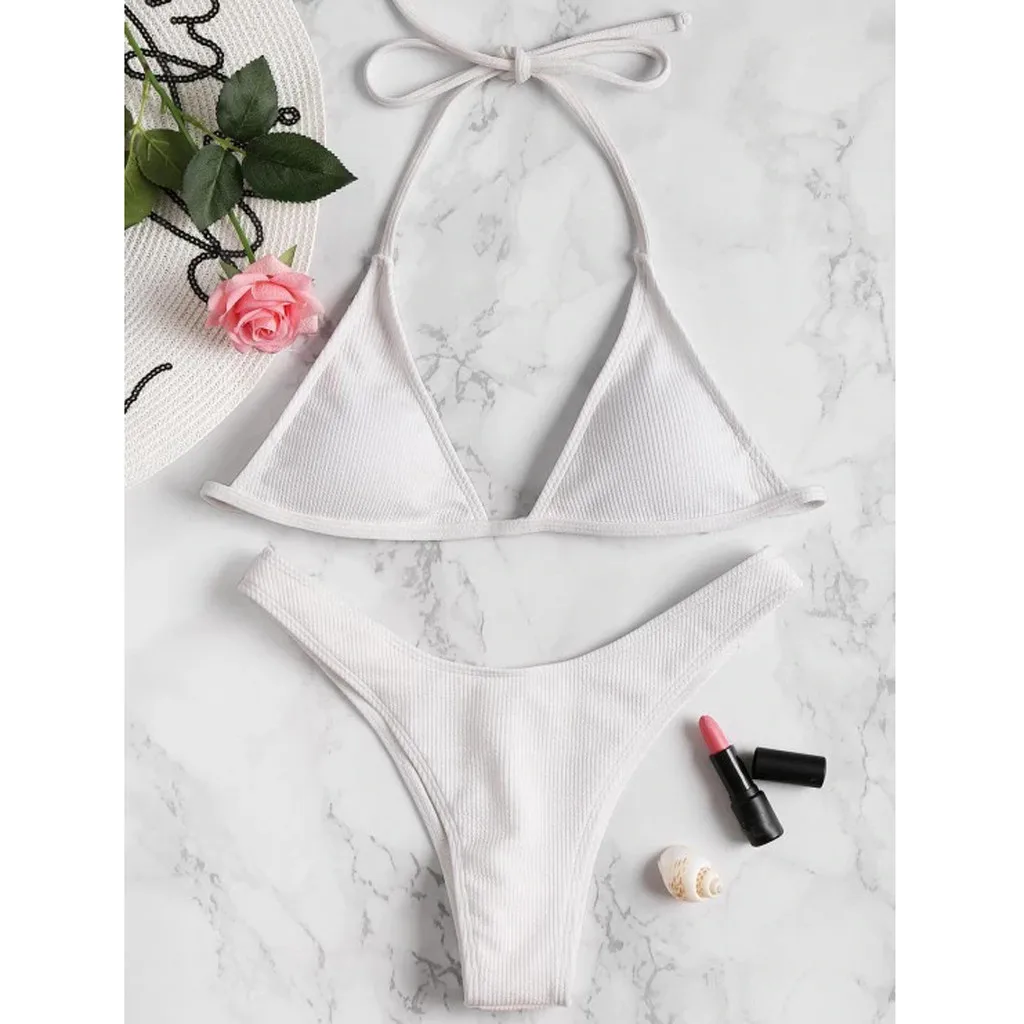 Sexy Two Piece Swimsuit Lace Up Top Bra Solid Brief Women Bikini Set Swimwear Luxury Tankinis Spring Summer Beach Mujer Push Up