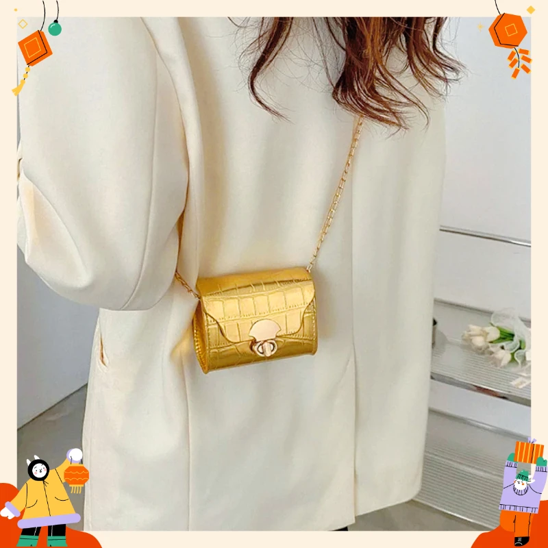 Women Bags Gold - ミニバッグ、イエローとゴールドのニッチバッグ、クロコダイル柄の小さなスクエアバッグ、海外風人気バッグ。