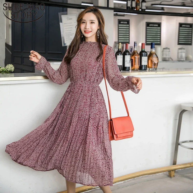 2024 Elegant Stand Collar Floral Print Chiffon Dress Full Sleeve Fashion Women Dresses Spring A-line Long Pleated Dress  3603 50