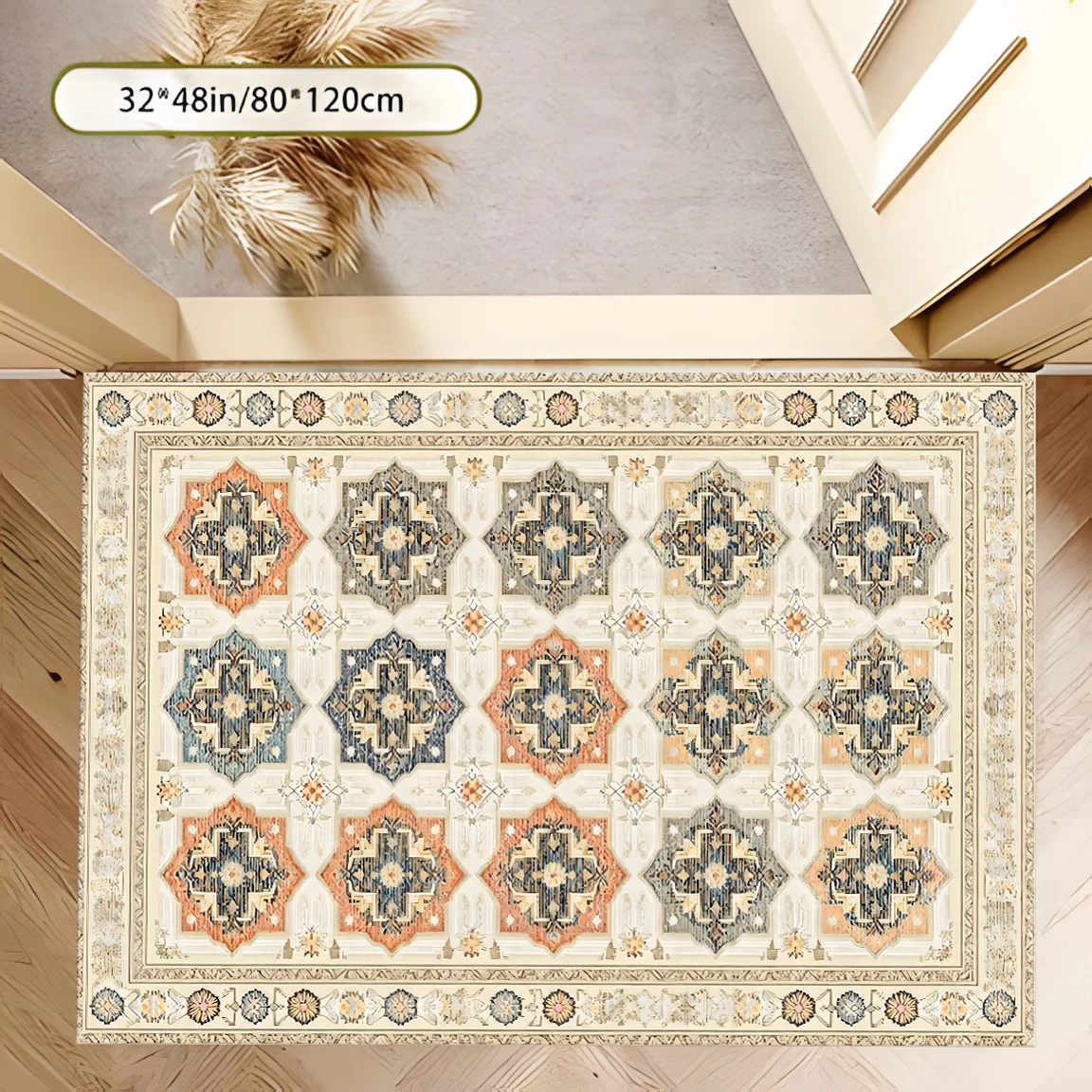 2D Large Carpet, Vintage Persian Geometric Pattern, Retro Light Luxury Style, Suitable for Living Room and Bedroom, One-Touch Transformation, Suitable for Autumn and Winter Decoration.