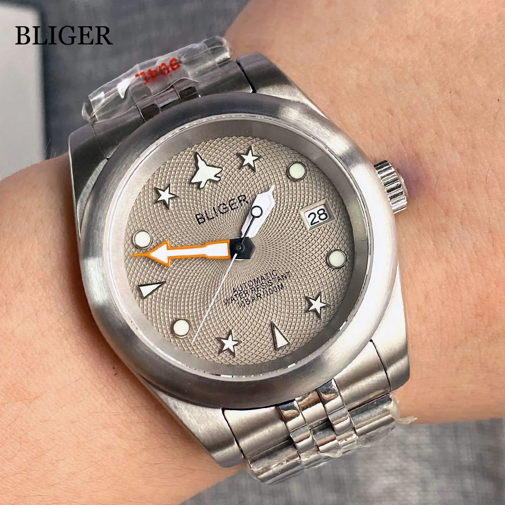 

BLIGER 36MM 39MM Brushed Round Bezel NH35A Automatic Movement Mens Watch Gray Whtie Black Dial Jubilee Strap