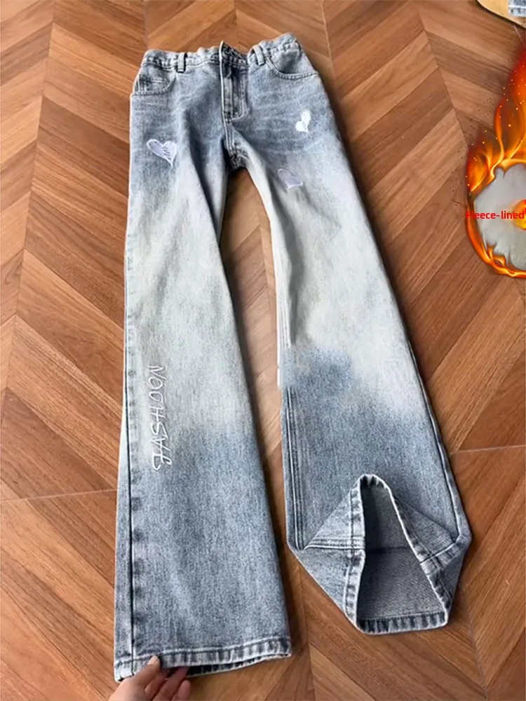 

Cleanfit Men's Fce Lined Denim Jeans Spring Autumn Winter Straight Leg Jeans Embroidered Letter Heart American Vibe