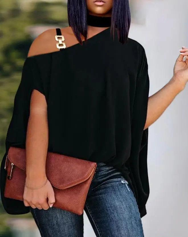 

Women's Cold Shoulder Batwing Sleeve Blouse Metal Buckle Detail and Loose Fit Design Stylish Casual Top