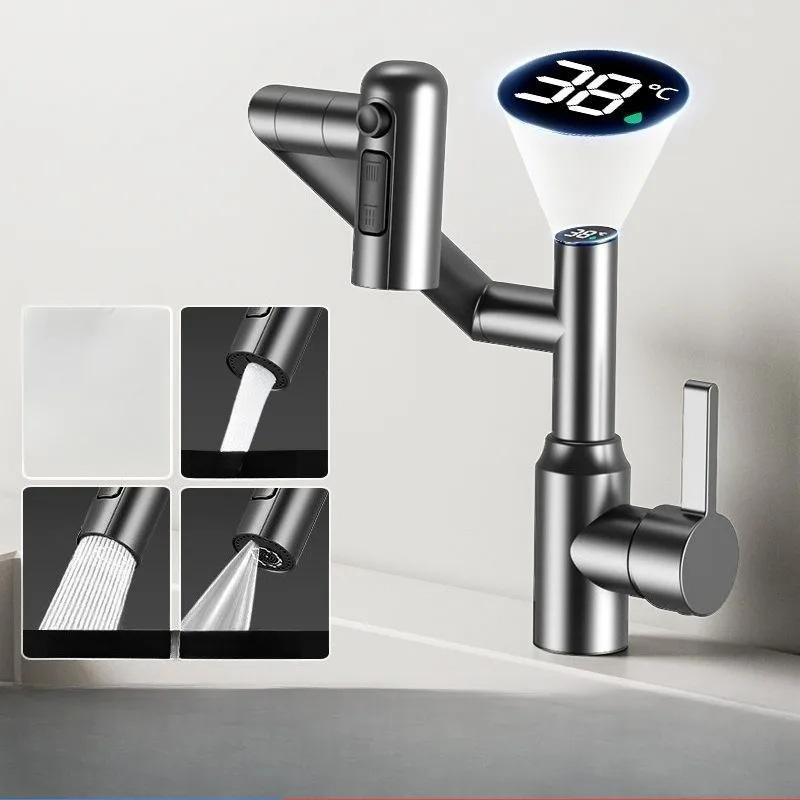 Digital Display Faucet for Wash Basin in Bathroom, Hot and Cold Water, Swivel Splash-proof Multifunctional Faucet Gun, Gray.