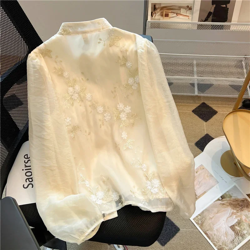 Vintage Embroidery Women\'s Shirts Trend 2024 Slim Long Sleeve Top Korean Clothing Sales Chinese Style Women Blouses