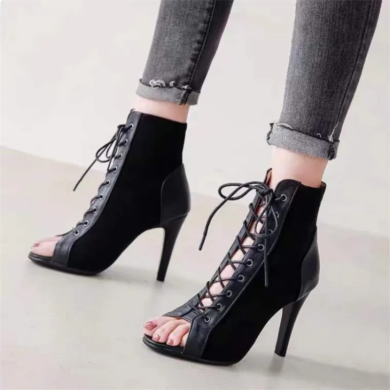 Sandals Hollow Mesh Heels Women\'s Shoes Summer 2024 Trend Black Lace-Up Sexy Peep Toe Boots Stilettos Jazz Dance Female Shoes