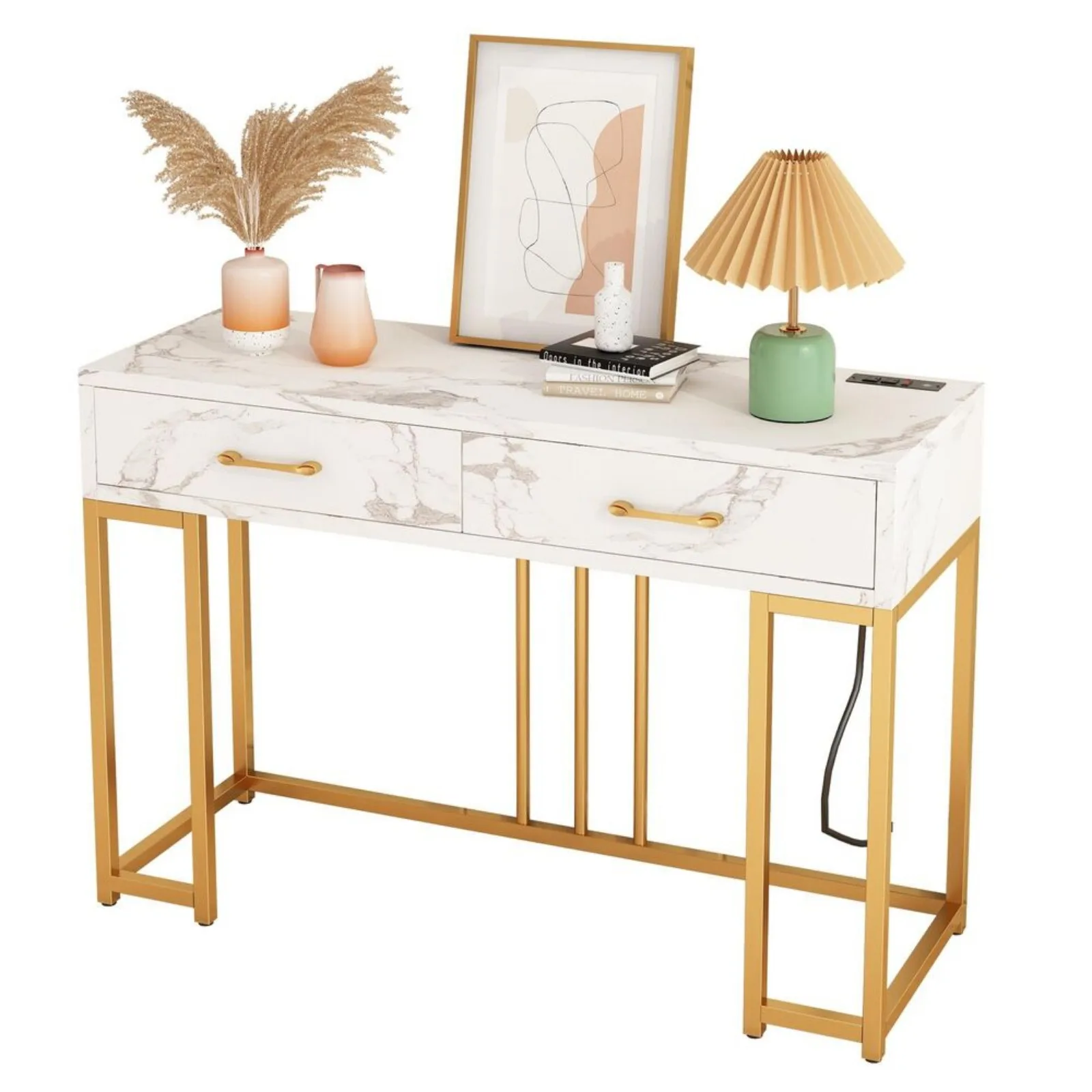 US 2-layer console table suitable for entrance, artificial marble, medium density fiberboard sofa table with gold frame