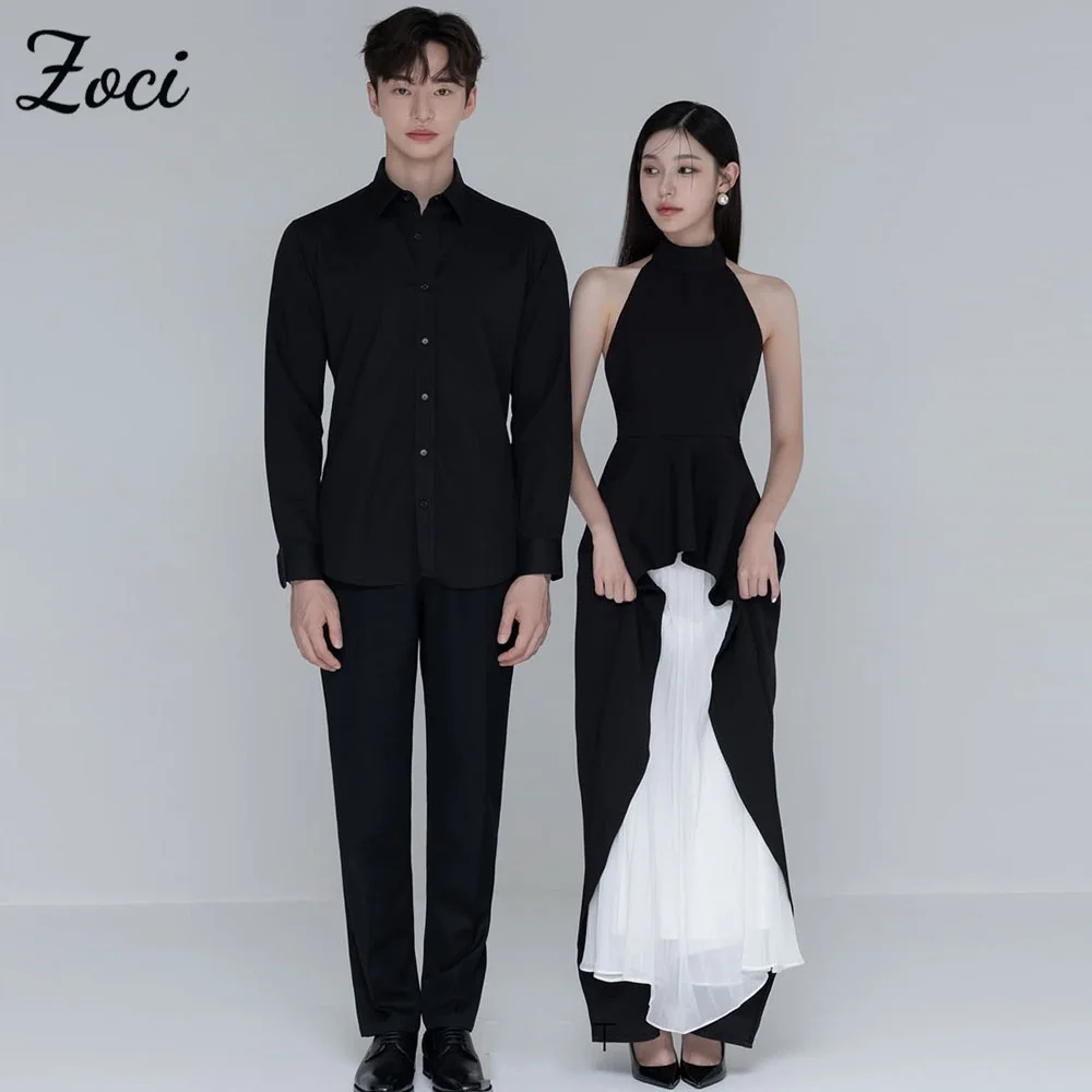 Zoci Modern Contrast Color Korea Evening Dresses Ruffles Black White Photos Shoot Dress Customized Backless Bride Party Gown