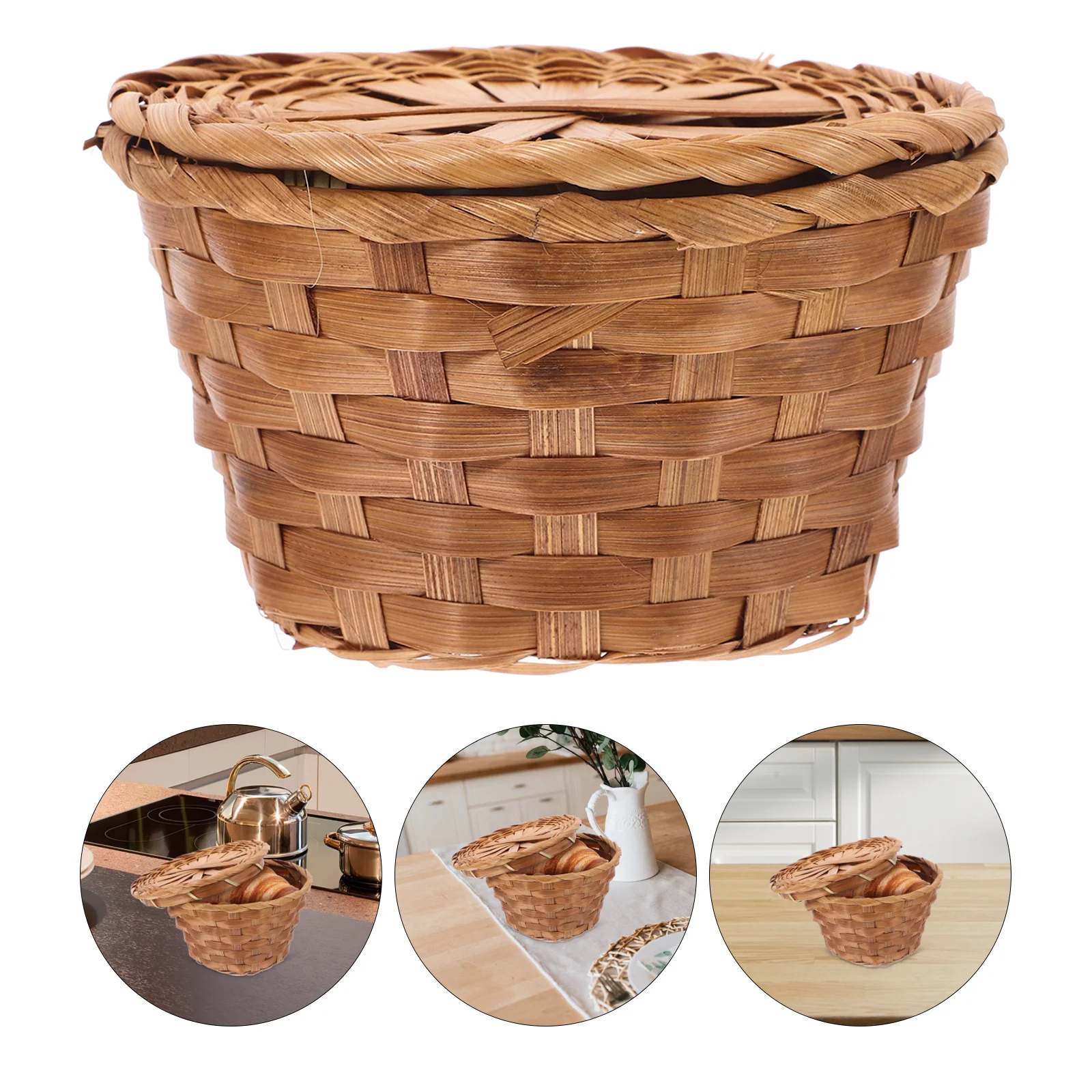 

1pcs Bamboo Woven Basket With Lid For Bread Tea Fruit Storage Kitchen Dining Table Organizer Handwoven Bamboo Storage Basket