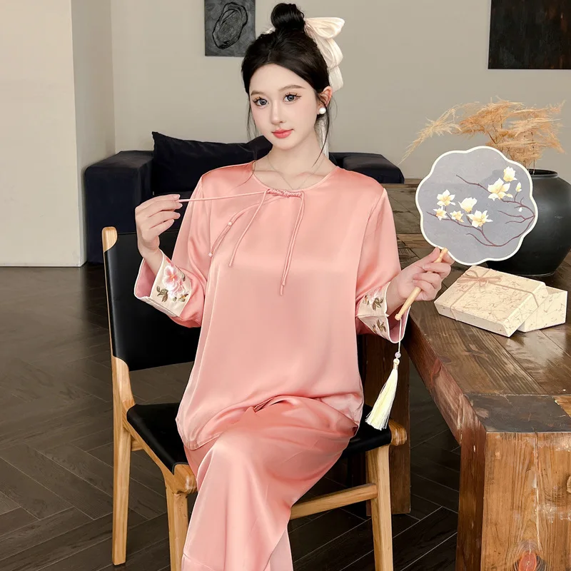 Ice Silk Chinese Style Pajamas Women\'s Spring/summer Thin Long Sleeved Pants New Ancient Solid Color  Home Wear Set Nightshirt