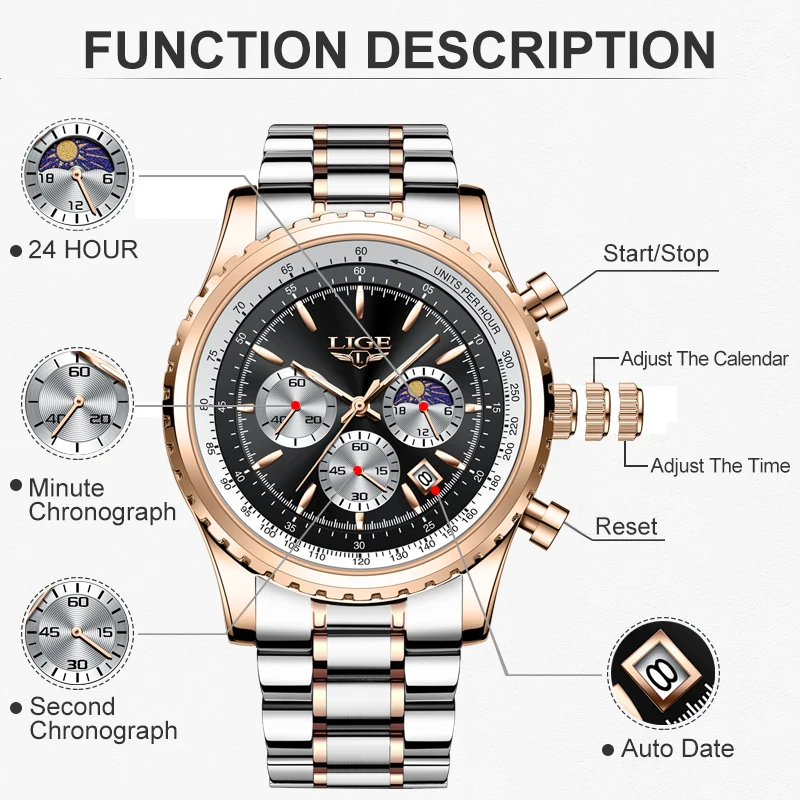 2024 LIGE Business Watch Men Fashion Military Quartz Watches For Men Full Steel Sports Waterproof Chronograph Relogios Masculino