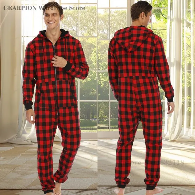 Men Flannel Thick Jumpsuit Sleepwear Christmas Checkered Hooded One-Piece Pajamas Autumn Winter Male Sleepwear Home Clothing