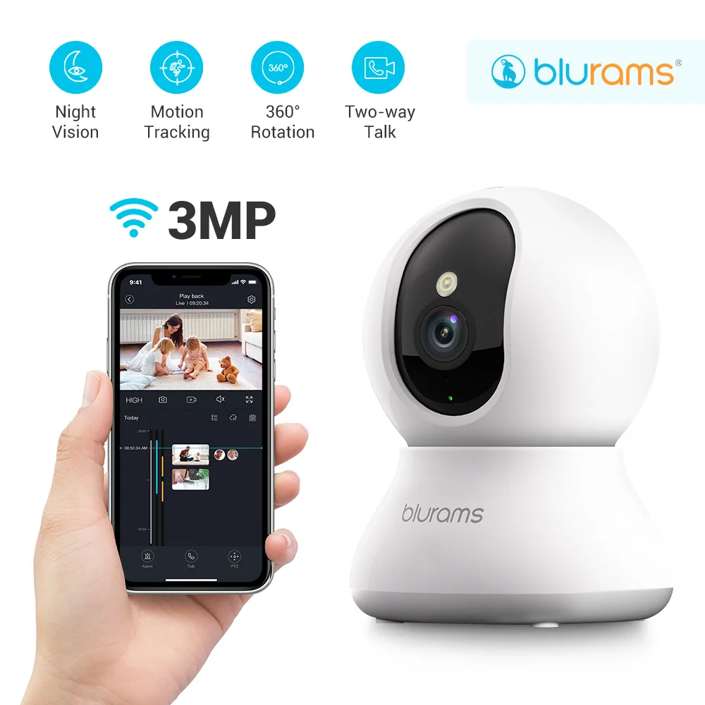 Blurams-Câmera de segurança para animais de estimação com aplicativo para telefone, áudio bidirecional, segurança doméstica, áudio bidirecional, 360 °, PTZ