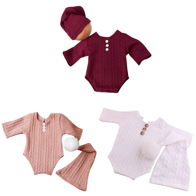 YYD Baby Photo Props Knitting Hat & Half Sleeve Romper Newborn Photo Props Photography Clothes Solid Color Outfit