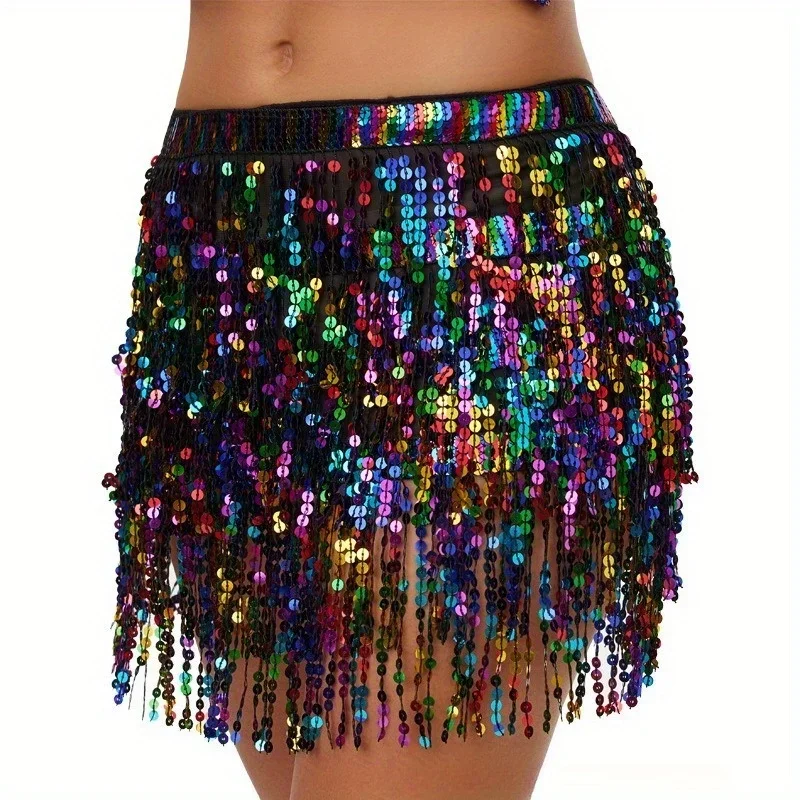 المرأة تنورة الرقص الشرقي الورك شرابة وشاح الرقص الشرقي حبة الخصر سلسلة 4 طبقات T مرحلة الأداء زي حفلة الدنيم الزي