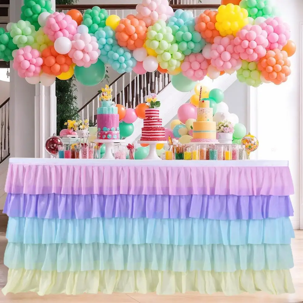 Pastel Rainbow Party Decoration Prop Colorful Multi-layer Ruffle Table Skirt for Rectangle Round Tables Reusable for Beach