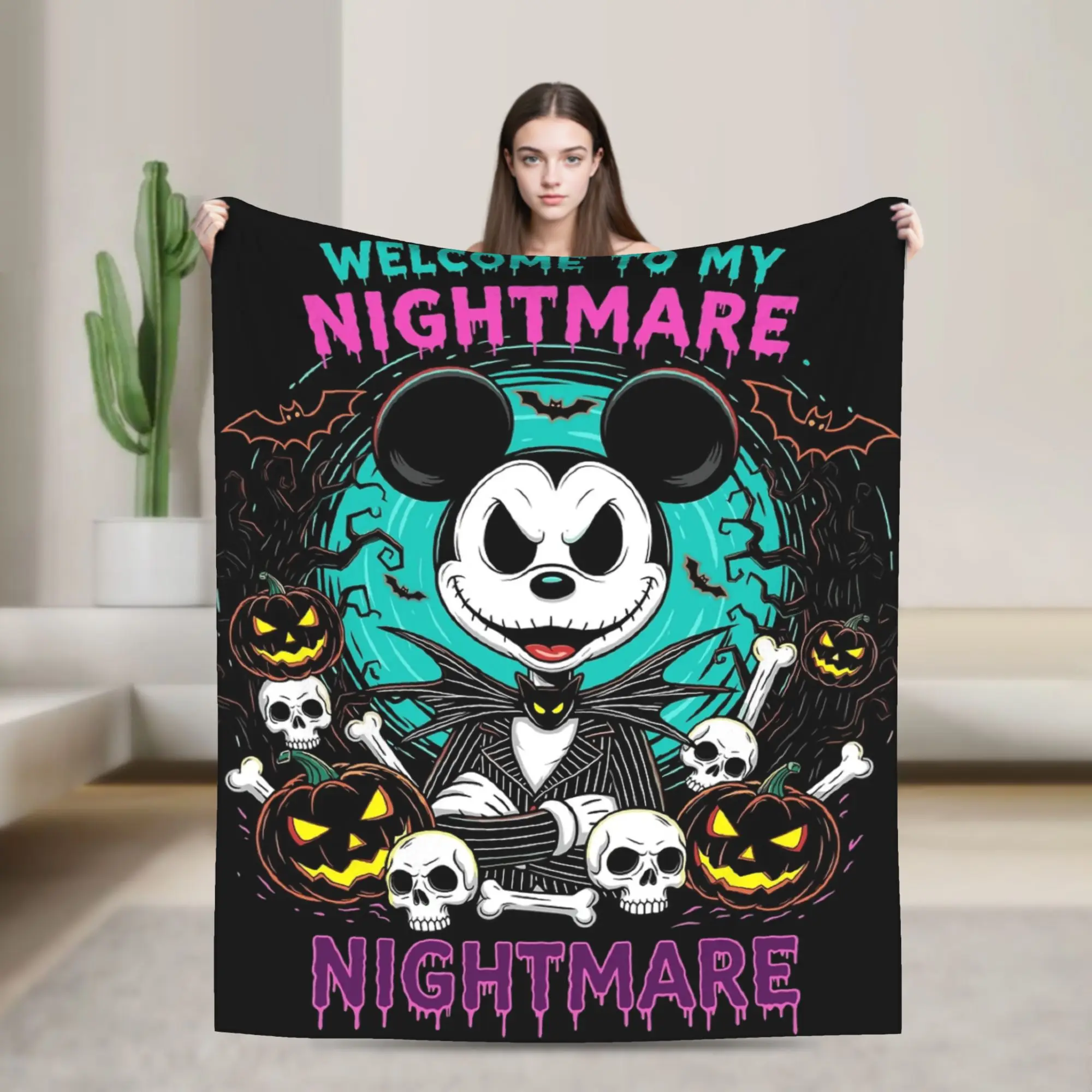 

Halloween Mickey Nightmare Friends Flannel Blankets Funny Throw Blankets for Home Hotel Sofa 150*125cm Plush Thin Quilt