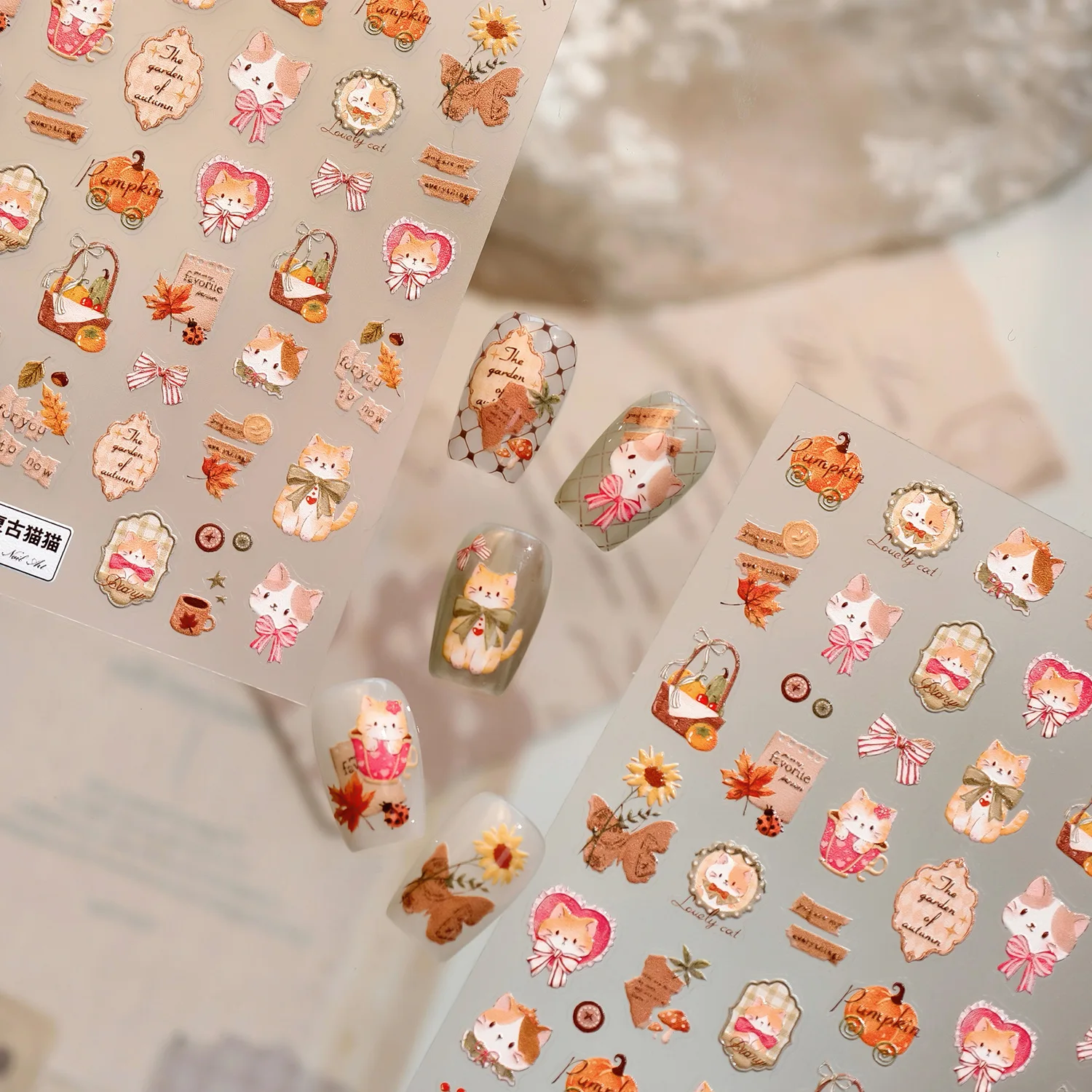 Retro carino bowknot gatto caffè foglia d'acero zucca girasole 5D adesivi autoadesivi in rilievo per nail art decalcomanie per manicure autunnali