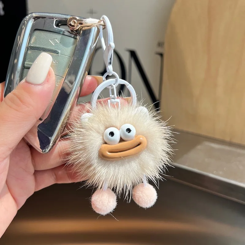 Cute Real Mink Fur Sausage-Mouth Small Coal Ball Car Keychain Hanging Ornament Plush Toy Book Bag Decorative Accessory