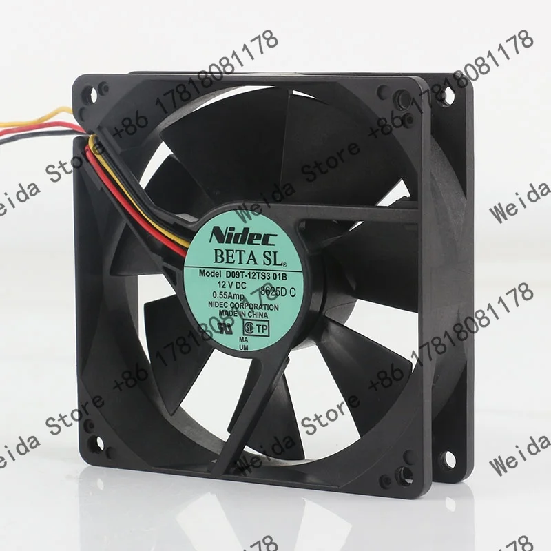 Nidec 9025 9CM D09T-12TS3 01B 90X90X25MM 12V three-wire 0.55A double-ball bearing case cooling fan