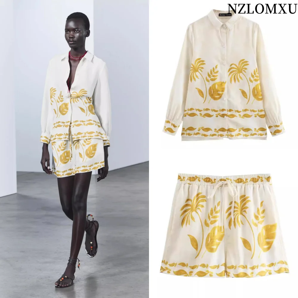 

2025 летние женские новые модные рубашки с принтом + шорты на шнуровке, женский костюм, повседневный комплект из двух предметов, женская одежда