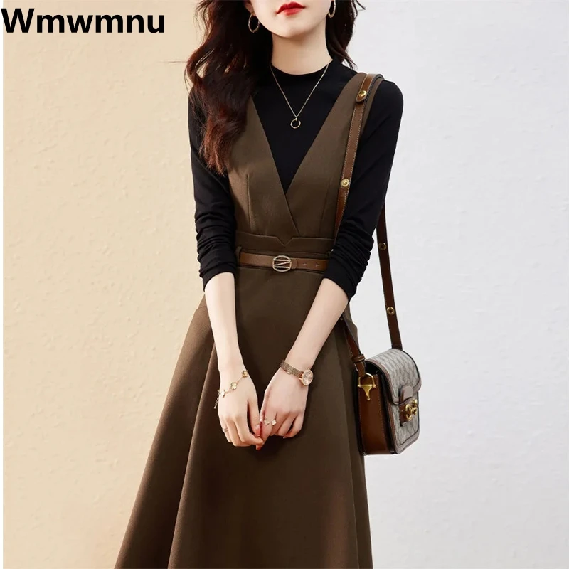 

vintage slim tank Dress 2 Piece Set black knitted pullover + belt Midi sleeveless Vestido Conjuntos Fall Winter Dresses Outfits