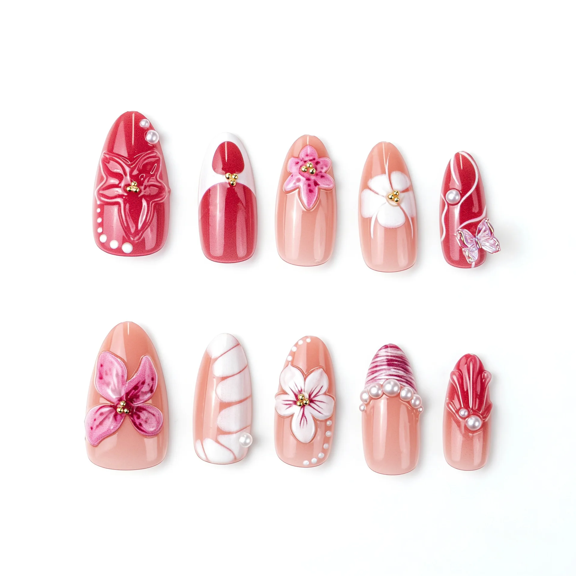 

24PCS Almond False Nails Luxury 3D Floral Butterfly Press on Nails with Pearl Hand Diamond Design Elegant Removable False Nails