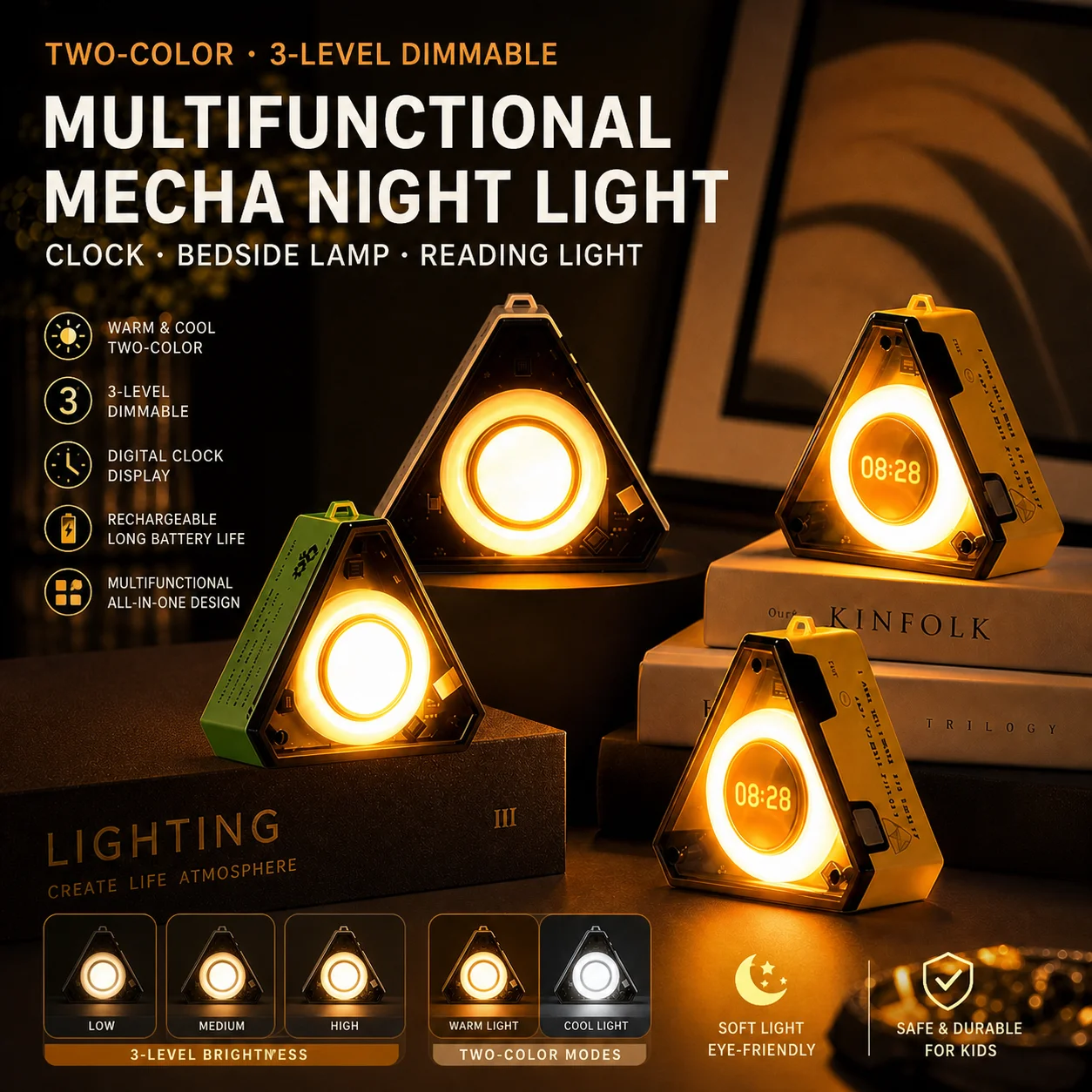 WWPPU Triangular Mecha LED Night Light Digital Clock Strong Magnetic Back 3 Level Dimming Rechargeable Desk Ambient Light