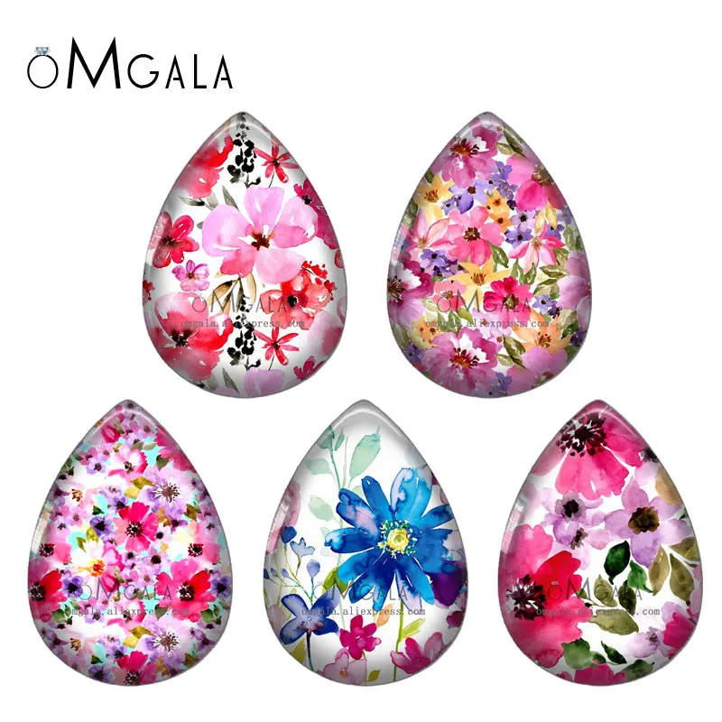 5pairs Watercolor Flower Art Paintings 13x18/18x25mm Photo Glass Cabochon Flat Back For DIY Jewelry Making Findings