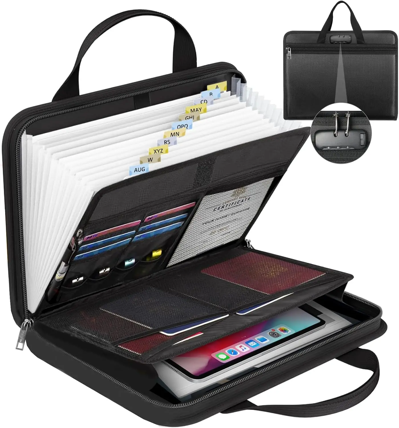

Fireproof Expanding File Folder with Lock, 13 Pockets for Document Storage, Water-Resistant Organizer Bag