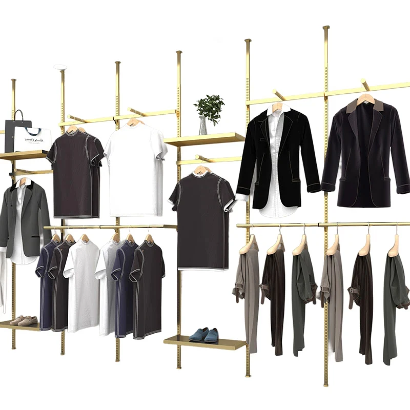 custom.Clothes Shop Shelf Garment Luxury Clothes Stands Clothes Display Rack Clothing Wall Mount Rack Gold Boutique