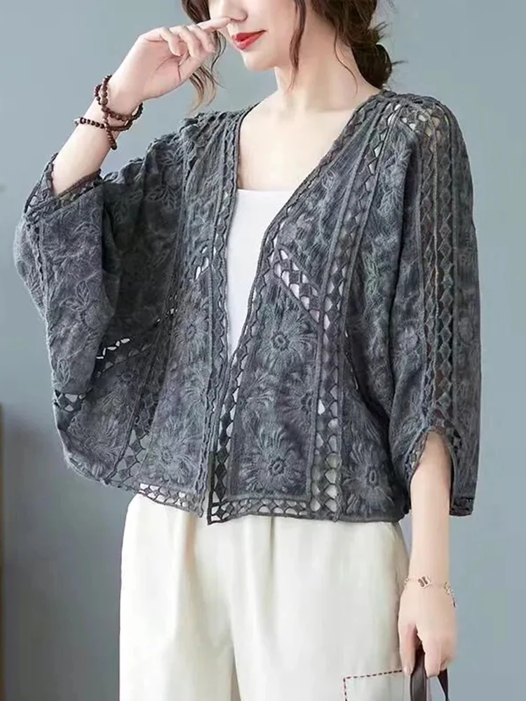 Jmprs Fashion Batwing Sleeve Women Knitted Cardigan Hollow Out Fall Thin Coat Lace Loose All Match Female Shirt Tops