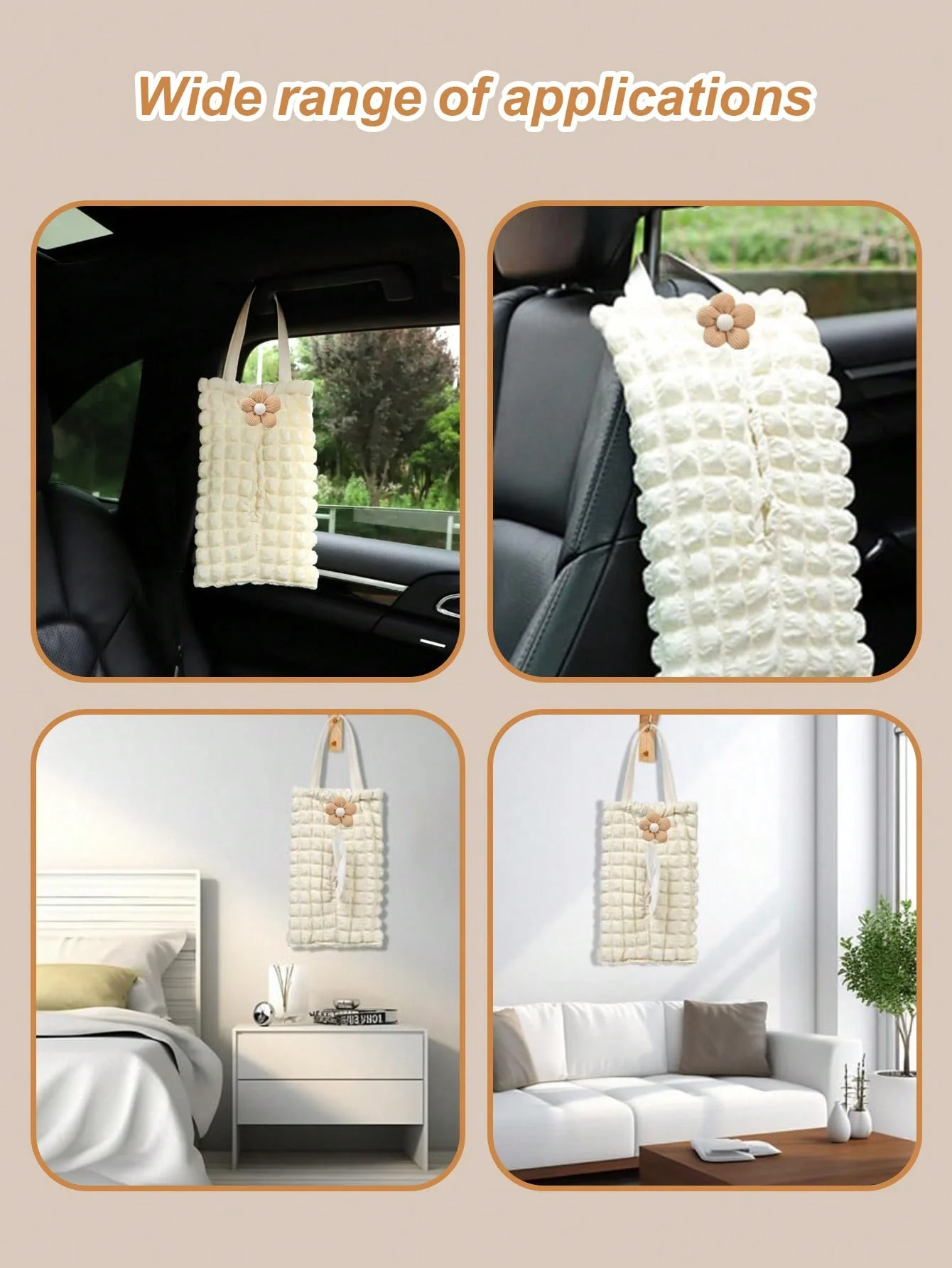 Luxury Puff Grid Car Tissue Box, Cute Bear, Car Tissue Bag, Large Capacity, Hanging Seat Back Organizer, Soft Quilted Fabric, Ki