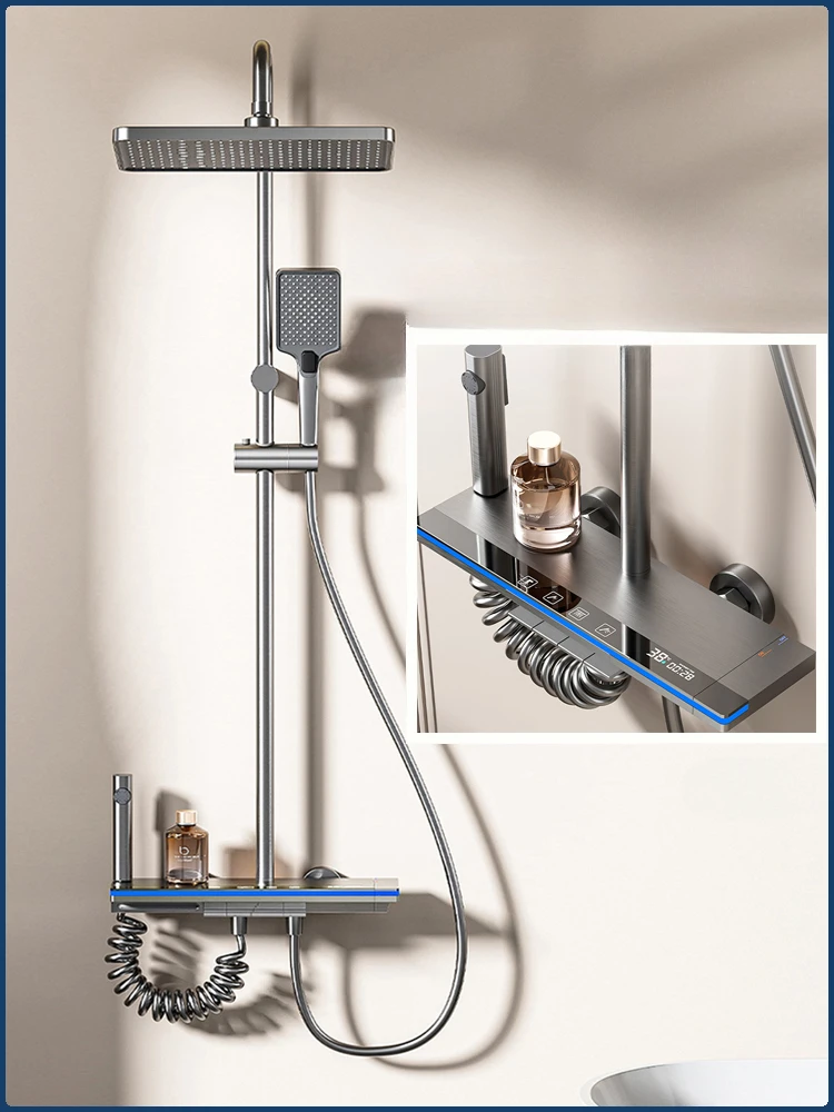 

4 Ways Water Outlet LED Temperature Display Shower System Wall Mount Rainfall Pressurized for Bathroom Luxury Shower Faucet Set