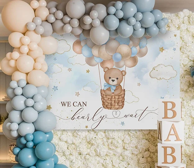 Balon na gorące powietrze Niedźwiedź Tło Możemy Łagodzi czekać Baby Shower Dziewczyna Chłopiec Urodziny Impreza Boho Tło Fotograficzne Dekoracja