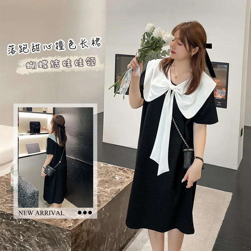 Summer Dress Women Korean Version 3XL 4 XL Loose and Slim Black Short Sleeve Cute Doll Neck Streamer Bow Girls Clothing Dresses