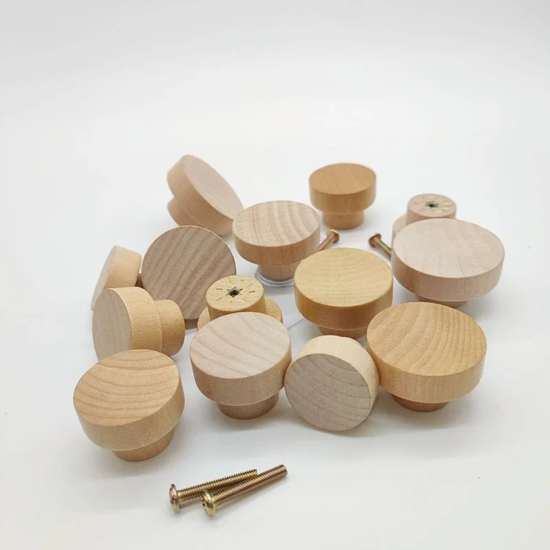 Round Wooden Cabinet Knobs Unfinished Wood Cupboard Furniture Drawer Pulls Handles with Screws for Wardrobe Dresser Closet