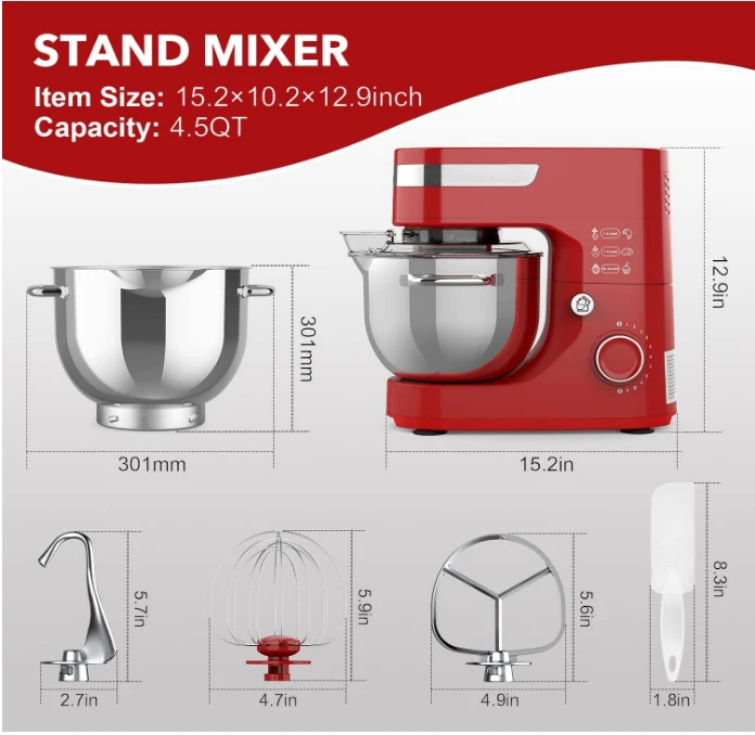 12 speed tilting kitchen mixer for baking breads, cakes, cookies, pizzas, salads, with dough hook/wire whip/dough beater