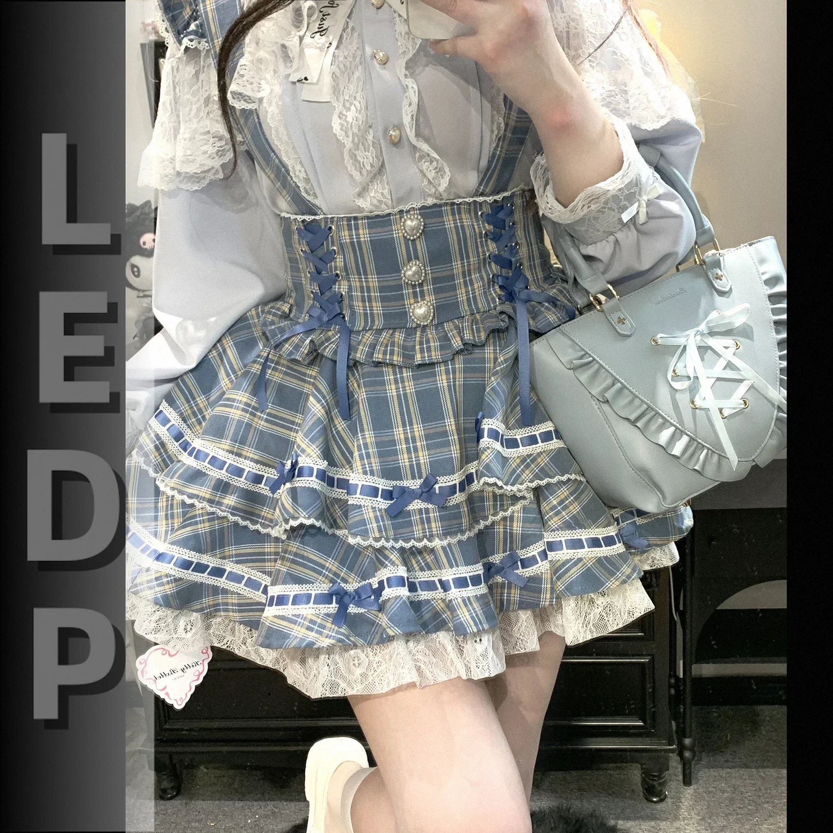 IMU Original Japanese Mine Ruffles Lace Bow Strap Skirt Spring and Summer New Girls Women's Sweet Cute Long Sleeve Lolita Shirt