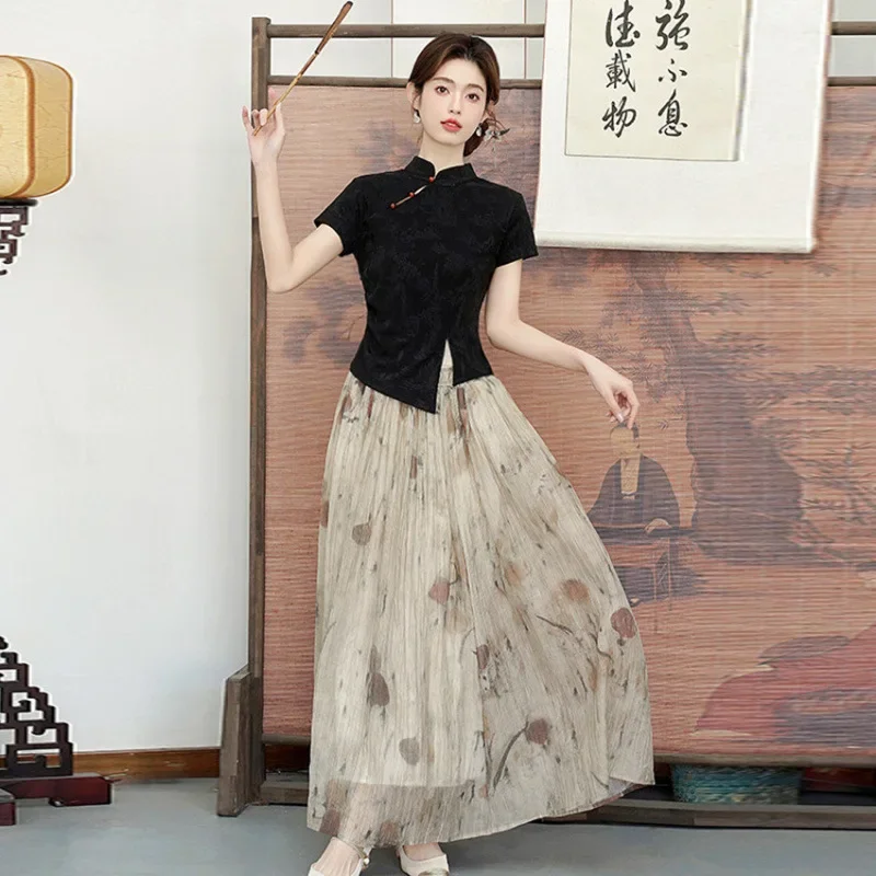 

Women Elegant Chinese Style Dress Suit Vintage Chesongam Top Hanfu Dress Streetwear Frog Button Chinese Style Chic Tang Clothes