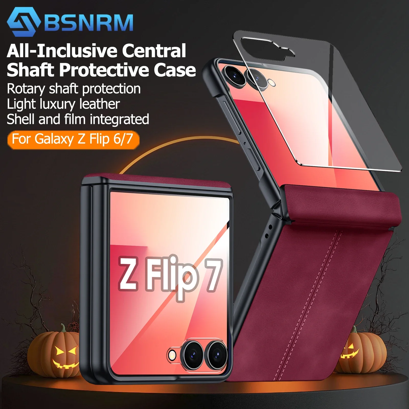 

Подарки на Хэллоуин для Galaxy Z Flip 6/7/7FE, защитная пленка для экрана, защита шарниров, ультратонкий матовый чехол для телефона из искусственной кожи, красный
