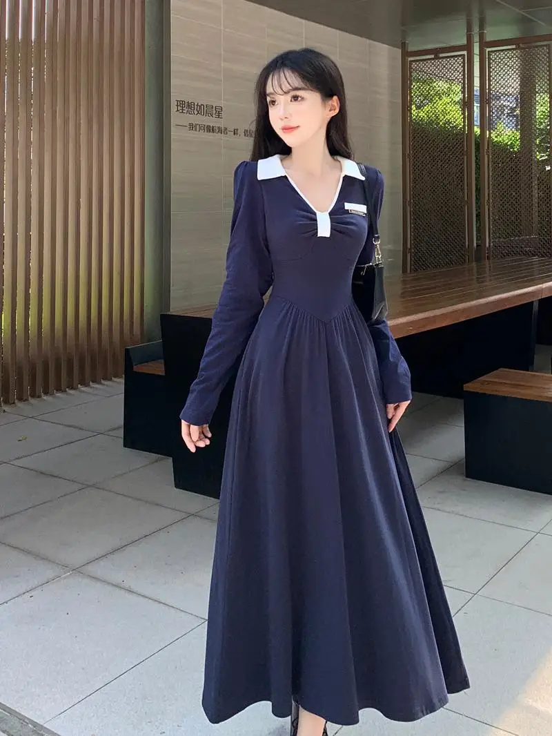 Elegant Cotton Long Dresses For Women 2023 Female Large Size 4XL Autumn Winter Loose V Neck Long Sleeve Pleat Dark Blue Vestidos