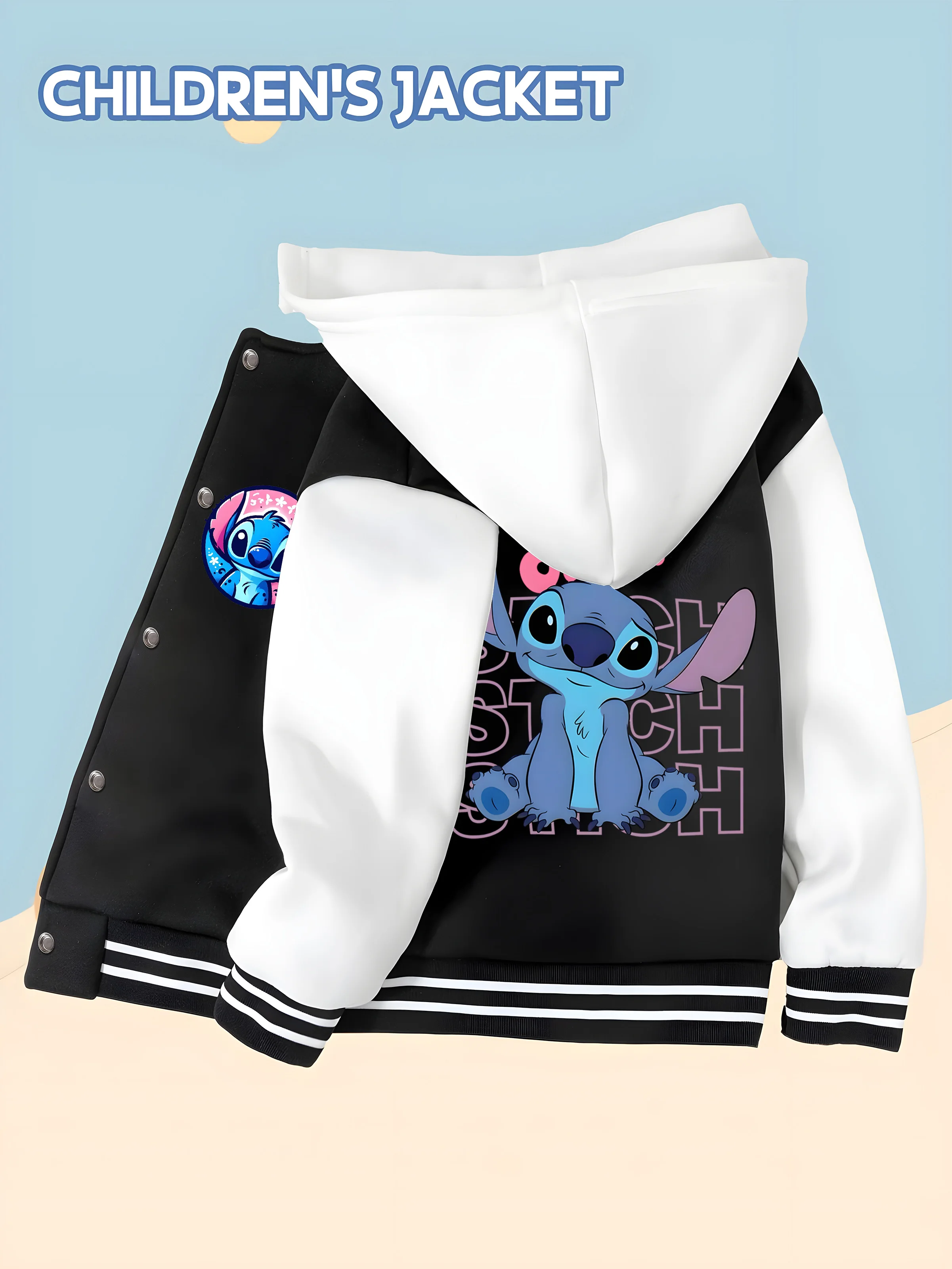 

MINISO Disney Boys' Baseball Jacket - Stitch Pink and Blue Gradient Print, Double-Sided Design, Soft Fabric, Casual Wear, Trendy