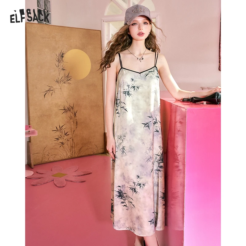 ELFSACK 2024 Summer New Arrivals Neo-Chinese Style Bamboo Print Slit A-Line Sling Dress for Women