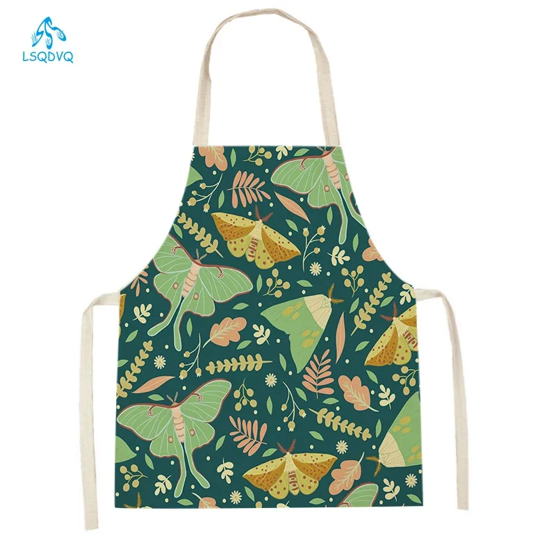 Butterfly Flowers Pattern Baking Waist Bib Linen Kitchen Sleeveless Aprons Women Men Home Cleaning Cooking Pinafore