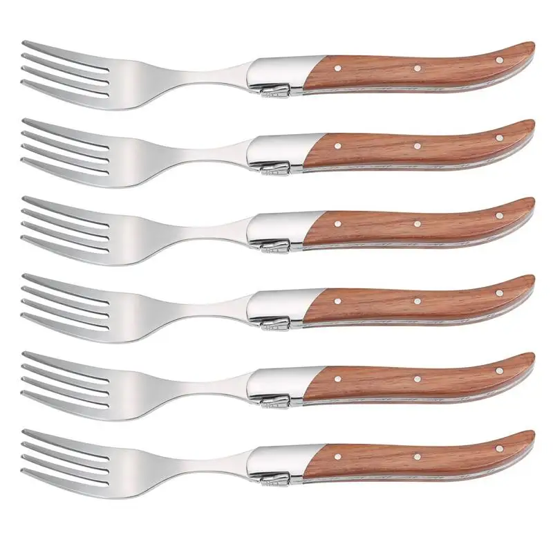 2-6pcs Laguiole Dinner Forks Long handle Wood Steak Fork Set Four Times Solid Wooden Forks Stainless Steel Dinnerware Cutlery