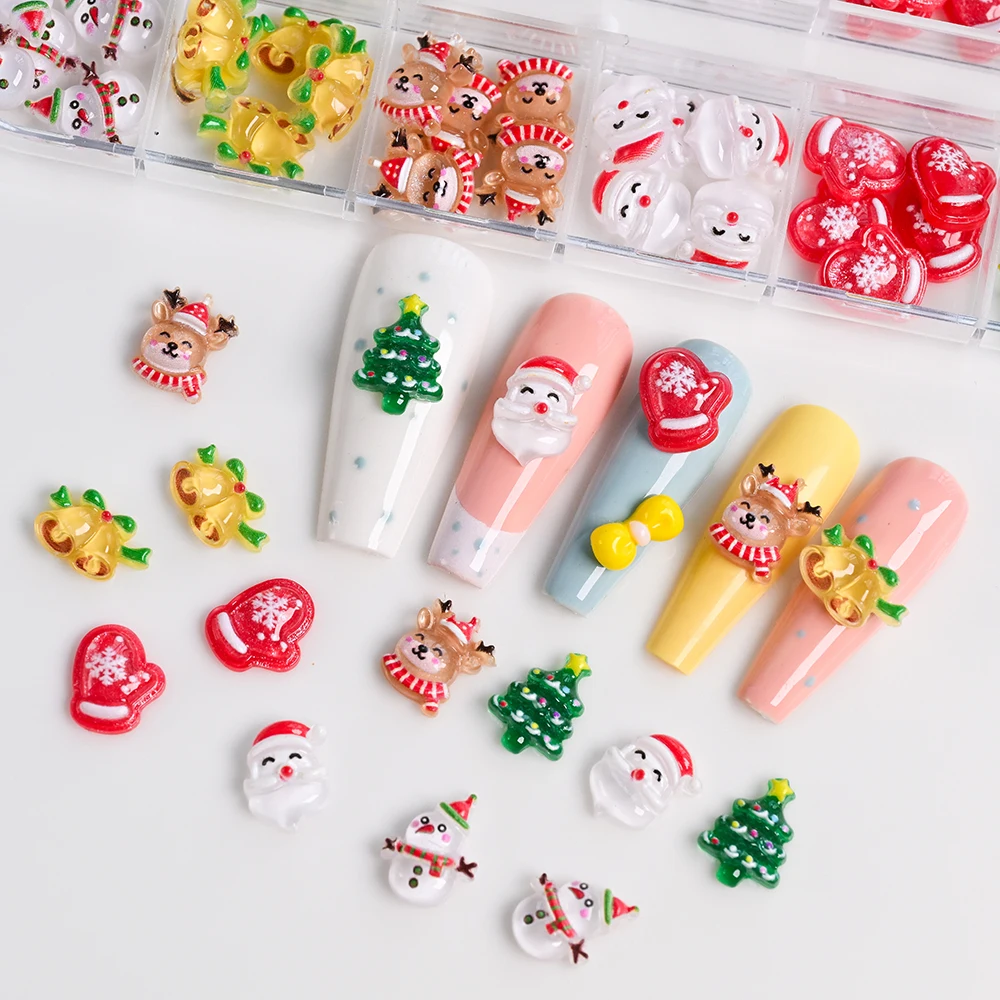 12Gird Kawaii Mini muñeco de nieve árbol de Navidad dijes para uñas 3D Reno campana Santa Claus uñas diamantes de imitación resina Navidad gemas para uñas 30-60 piezas